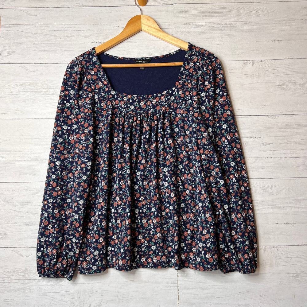 Lucky Brand Blouse Womens Size M/M Navy Floral Square Neck Babydoll Ditsy